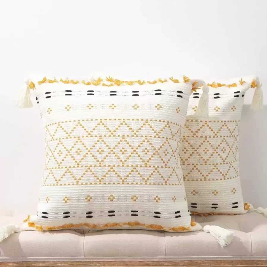 Set van 2 boho kussensloopen kussens in boho stijl 45 x 45 cm geel kussenovertrek sierkussen sofakussen met kwastjes modern decoratieve kussensloop voor bank slaapkamer en woonkamer