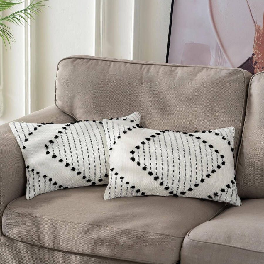 Set van 2 boho-kussenslopen 30 x 50 cm decoratieve kussenhoezen boho-kussen stijl sierkussen katoenen kussenslopen bankkussens voor bank slaapkamer woonkamer (crèmezwart)