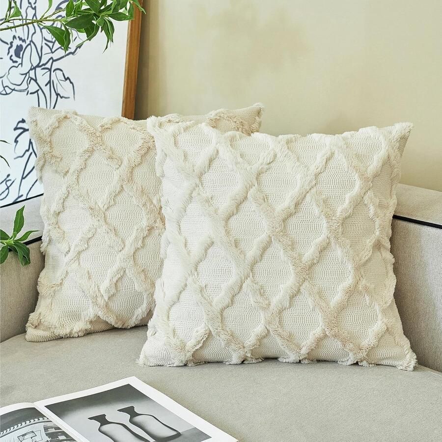 Set van 2 Boho Kussenslopen 40x40 cm Beige Sierkussens voor Bank en Slaapkamer