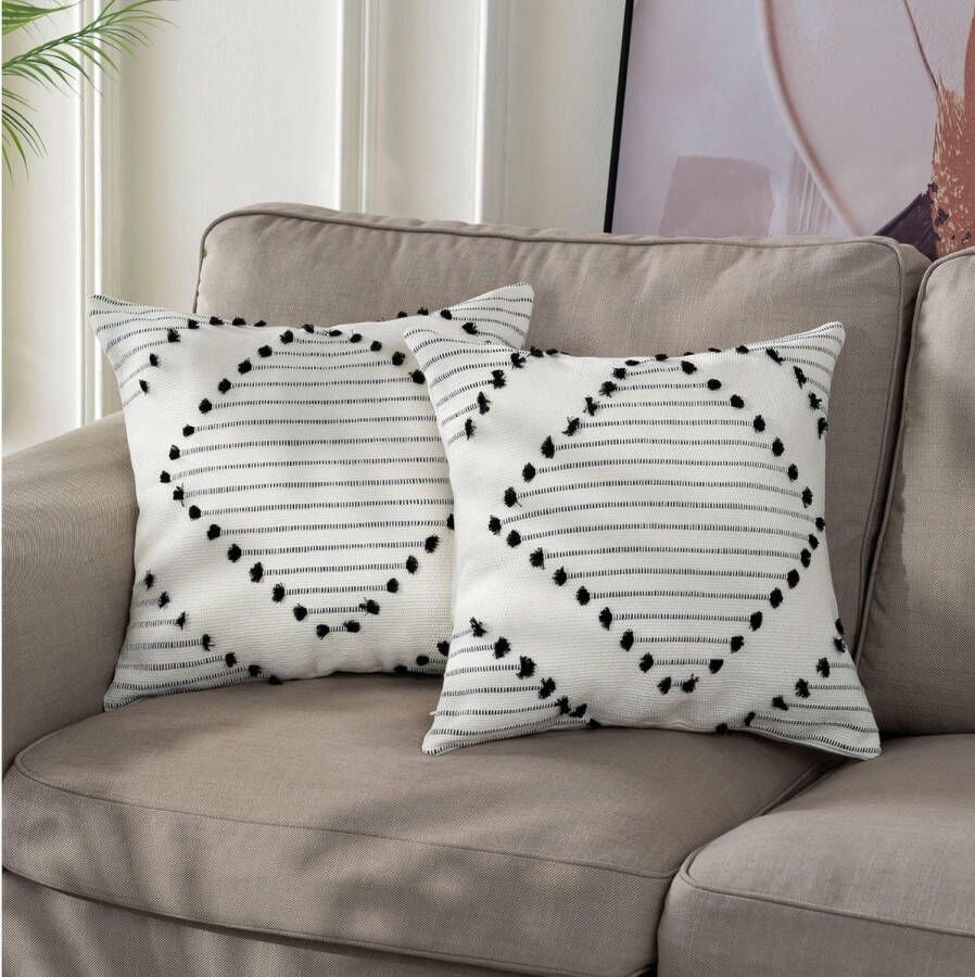 Set van 2 boho-kussenslopen 45 x 45 cm decoratieve kussenhoezen boho-sierkussen katoenen kussenslopen bankkussens voor bank slaapkamer woonkamer (crèmezwart)