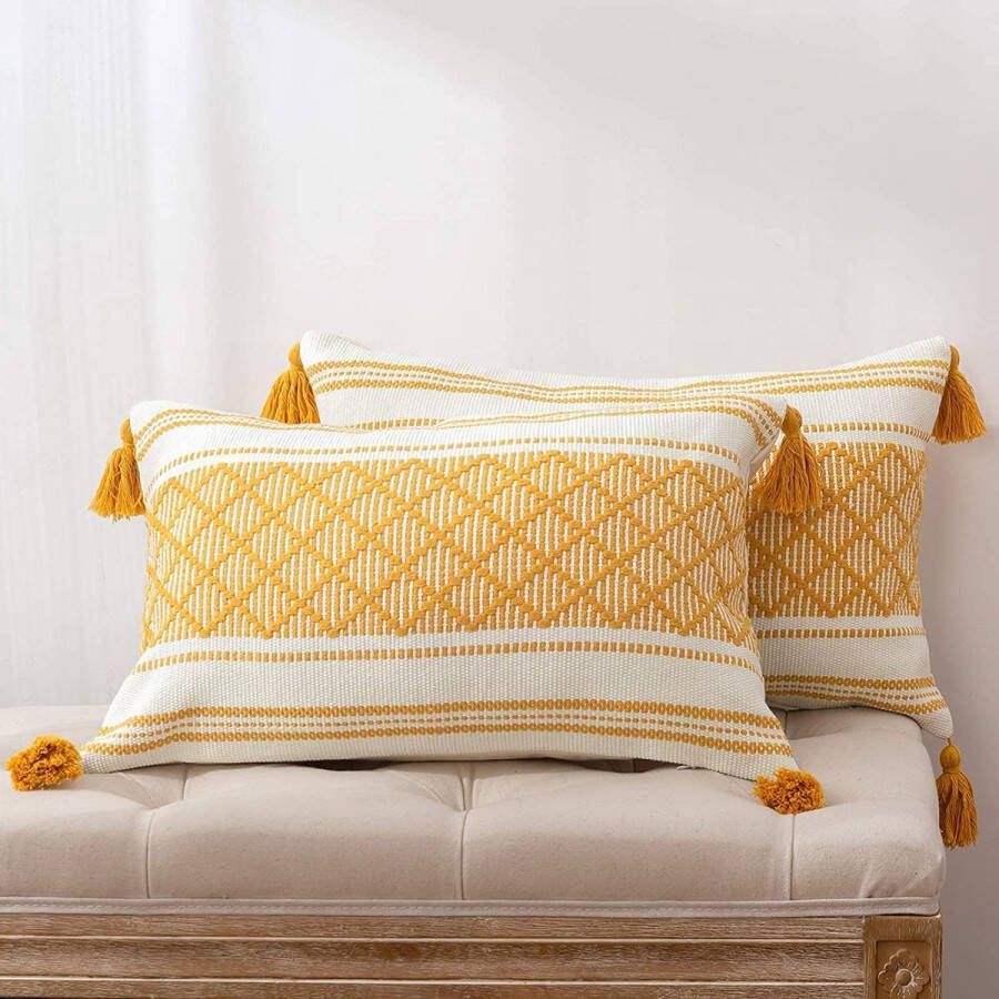 Set van 2 boho-kussenslopen decoratieve kussensloop 30 x 50 cm kussenhoes decoratief met kwast outdoor kussen boho-stijl voor bank slaapkamer en woonkamer modern sofakussen (geel)