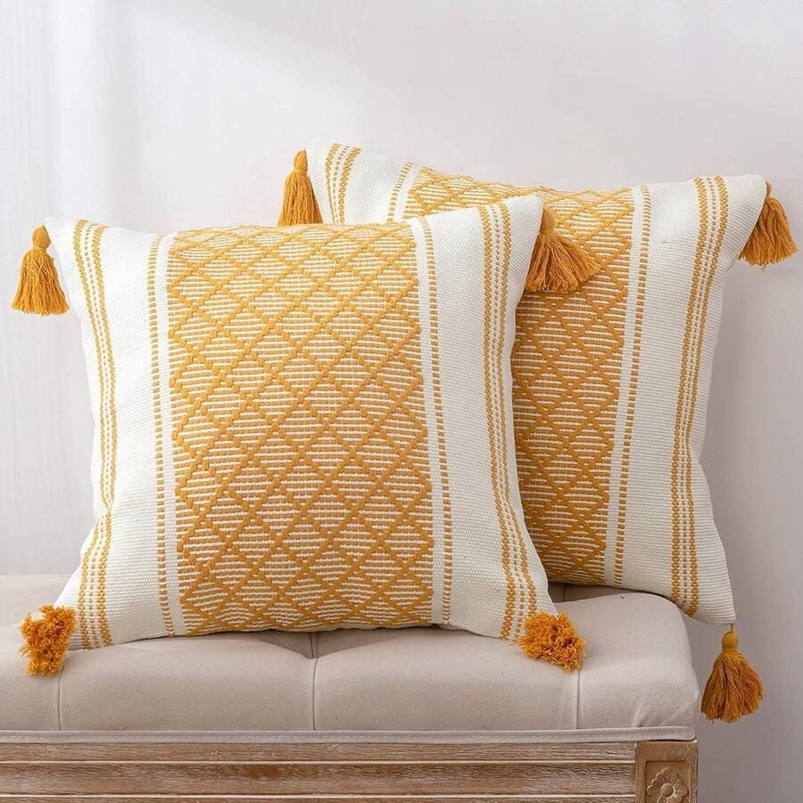 Set van 2 boho-kussenslopen decoratieve kussensloop 45 x 45 cm sierkussen met kwast outdoor kussen boho-stijl voor bank slaapkamer en woonkamer modern sofakussen geel