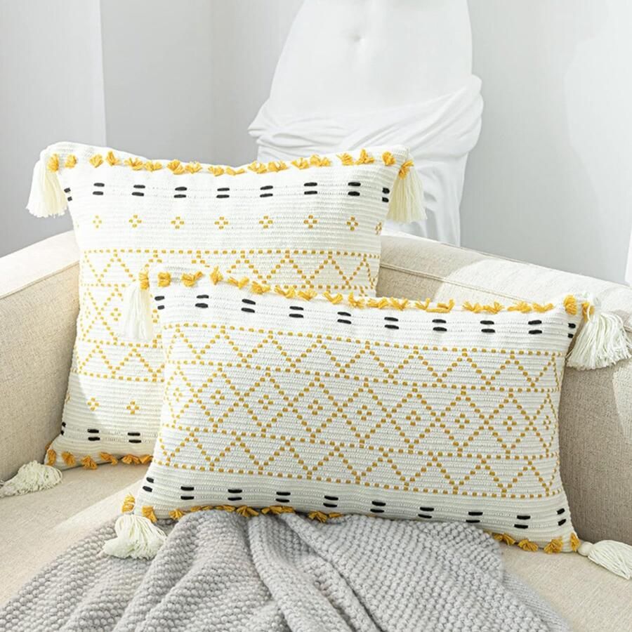 Set van 2 boho-kussenslopen kussens boho-stijl 45 x 45 cm geel kussenovertrek sierkussen met kwastjes moderne decoratieve kussensloop voor bank slaapkamer woonkamer