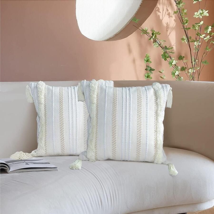 Set van 2 boho-kussenslopen macramé kussenslopen kussensloop met kwastjes 45 x 45 cm decoratief katoenen linnen sierkussen sofakussen voor bank woonkamer tuin kussen boho-stijl hoofdkussenslopen