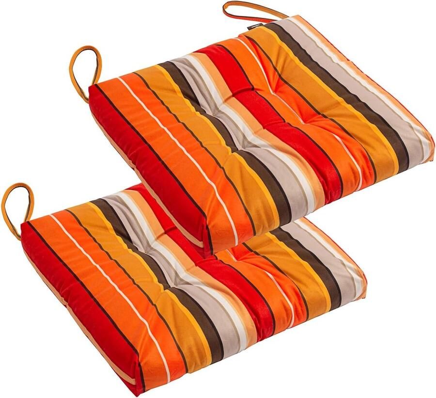 Set van 2 buiten-indoor patio zitkussens van gevlochten mand met banden weerbestendig decoratief kussen voor eetkamerstoel 42 x 42 cm oranje en rode strepen