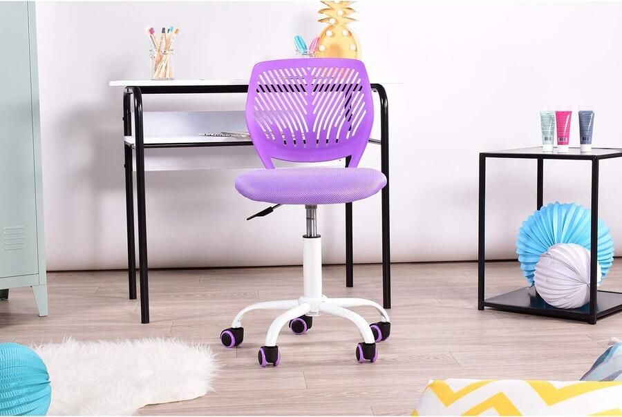 Set van 2 bureaustoelen verstelbare draaistoelen bureaustoelen stoffen zitting ergonomische werkstoelen zonder armleuningen roze en paars - Foto 2