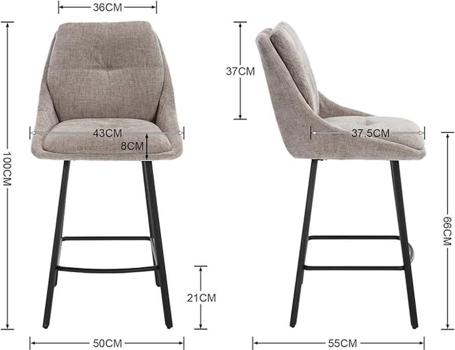 Set van 2 chenille hoge stoelen – Moderne keuken- en ontbijtkrukken met dubbele rugleuning zwarte poten – Grijs