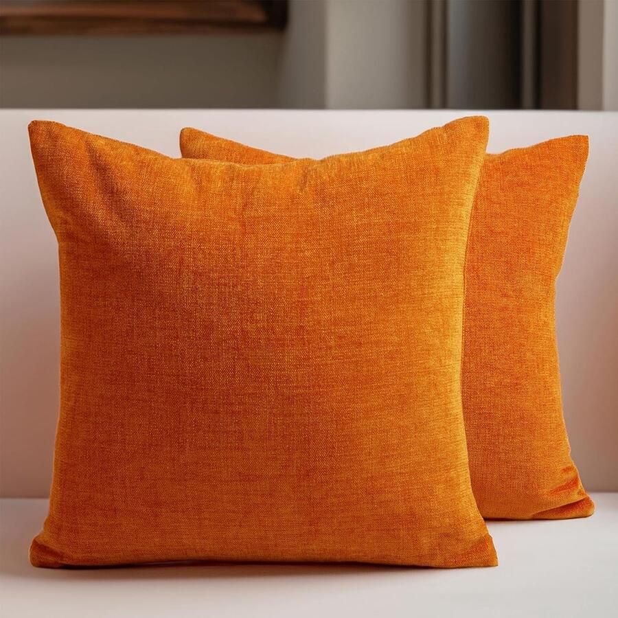 Set van 2 Chenille Sierkussenslopen Oranje 40 x 40 cm Effen Kleur Zacht en Glad Decoratieve Accenten voor Bank en Stoel