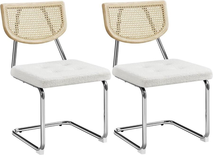 Set van 2 keukenstoelen rotan rugleuning eetkamerstoelen metalen frame schommelstoel voor eetkamer keuken woonkamer restaurant bouclé stof wit