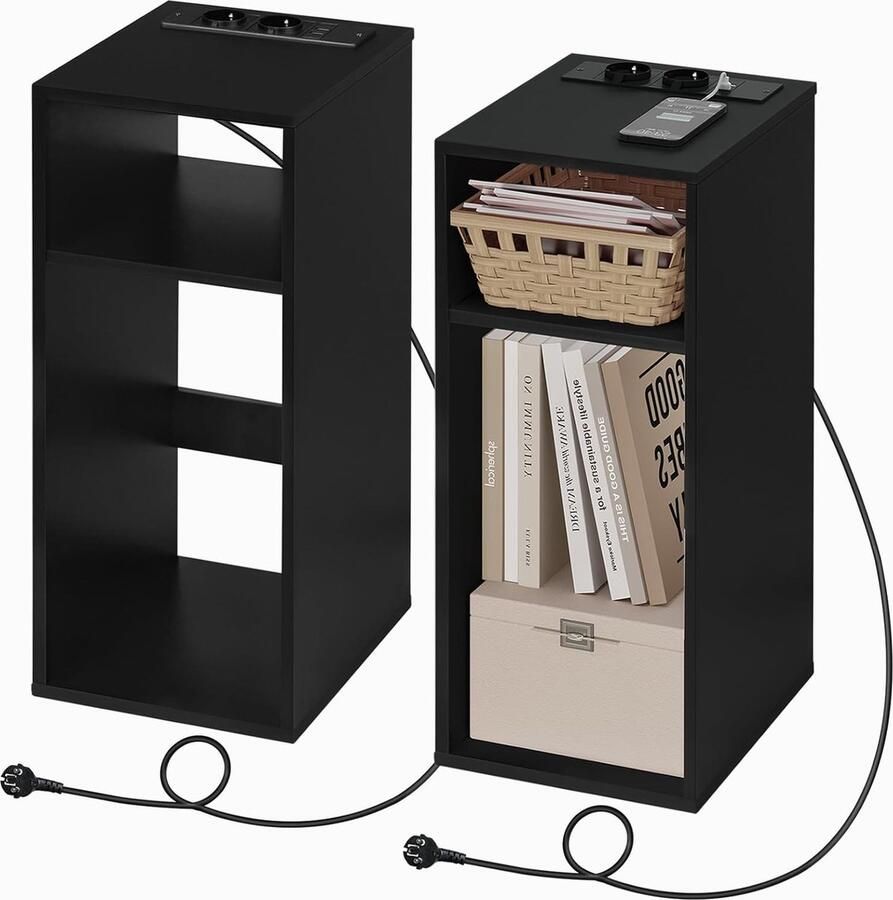 Set van 2 commodes met USB-poorten en stopcontacten nachtkastje ruimtebesparende commode met 2 open vakken voor de woonkamer slaapkamer houten 25 x 30 x 60 cm