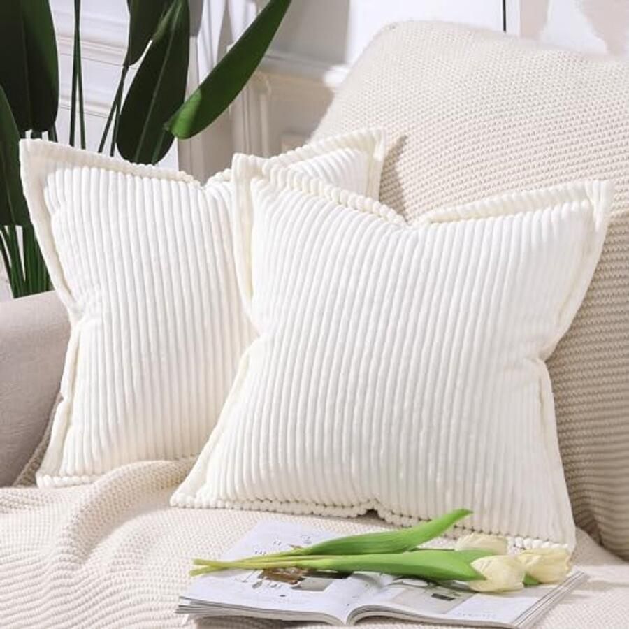 Set van 2 Corduroy Boho Kussenhoezen met Fringe Randen Zachte Decoratieve Kussensloop voor Bank en Slaapkamer 60x60 cm Cream Wit