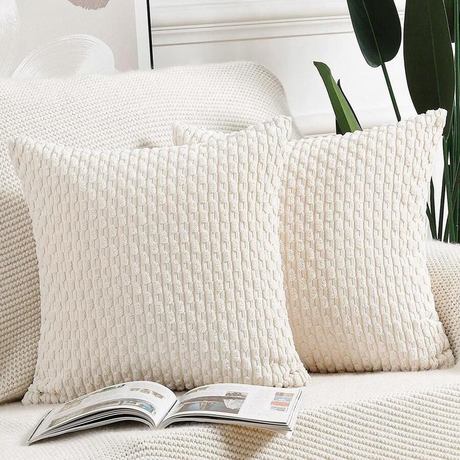 Set van 2 Corduroy Boho Kussenslopen Decoratief voor Bank & Slaapkamer 2 stuks Crème wit 35x35 cm