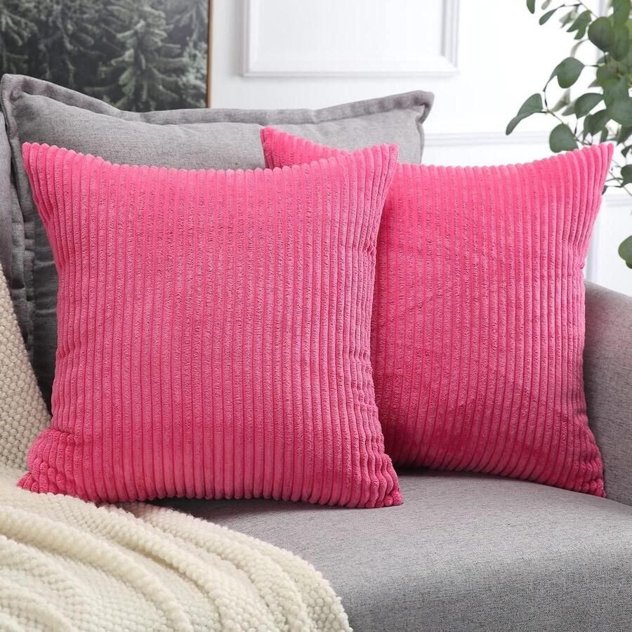 Allecto Plus Set van 2 corduroy kussenslopen zacht pluche decoratieve kussenslopen voor sofa sierkussenhoezen decokussen set voor bank slaapkamer en auto decoratie rozenrood 40x40cm