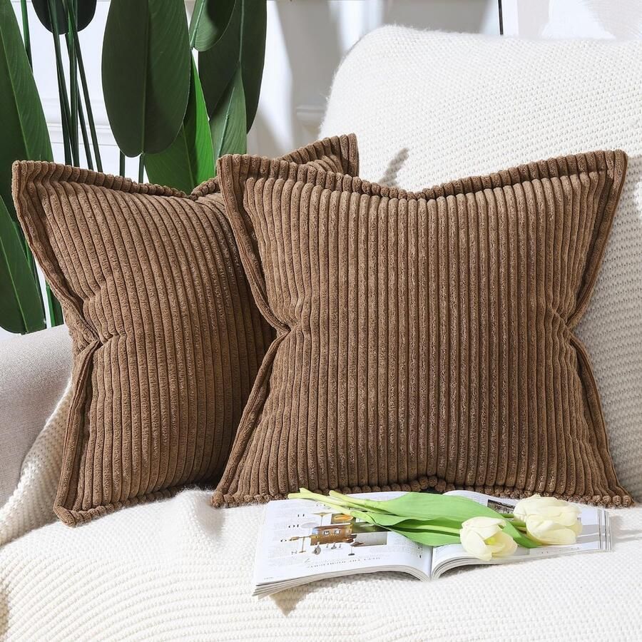 Set van 2 corduroy sierkussenslopen 50 x 50 cm met franjesrand super zacht boho gestreepte kussenslopen brede decoratieve gestructureerde sierkussens voor bank slaapkamer