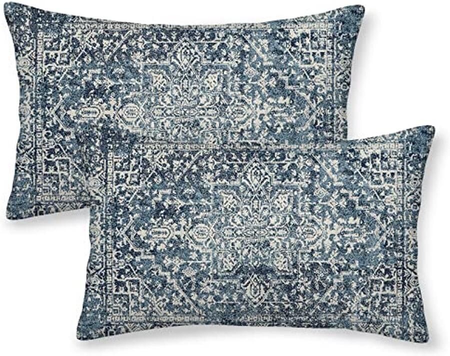 Set van 2 Decoratieve Bohemian Linnen Kussenslopen met Etnisch Blauw Tapijtpatroon voor Bank en Buitendecoratie