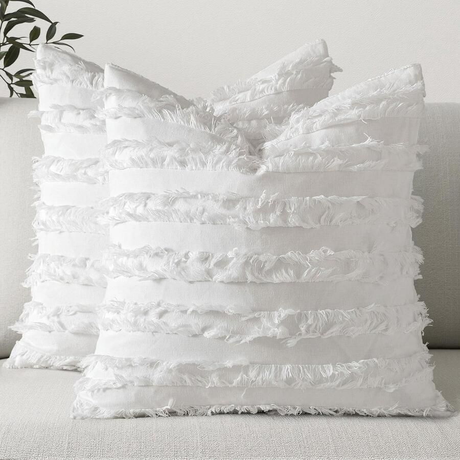 Set van 2 decoratieve Boho sierkussenhoezen met linnen strepen en jacquardpatroon voor bank woonkamer slaapkamer 45x45 cm wit