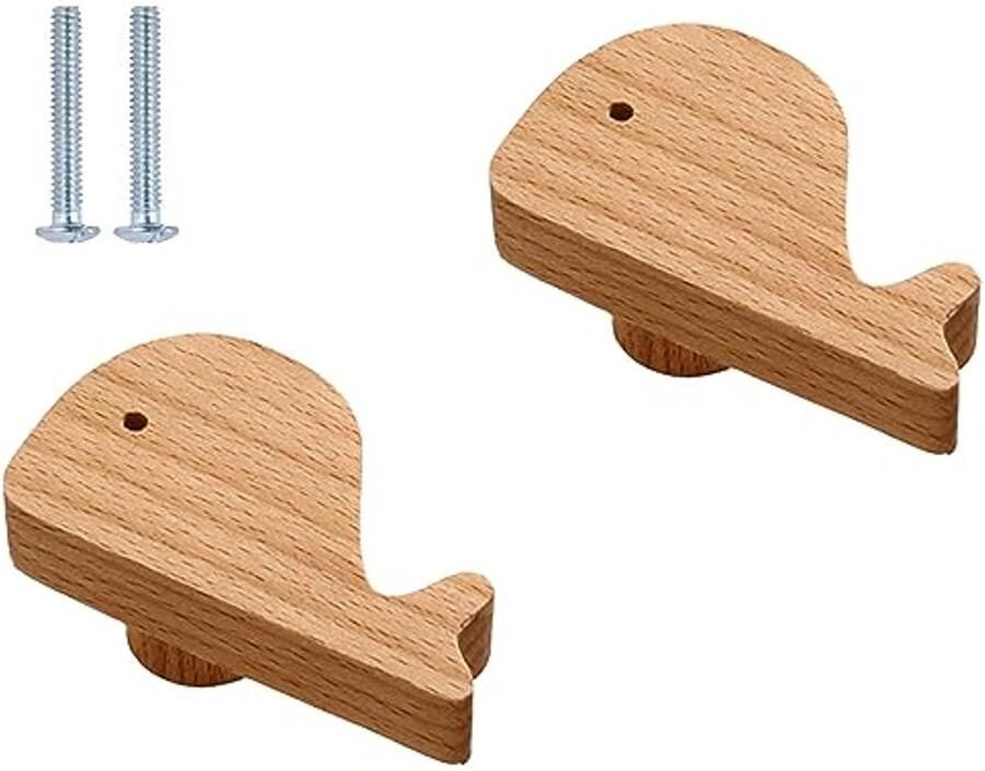 Set van 2 Decoratieve Houten Kastknoppen met Dierenmotieven voor Kinderkamer