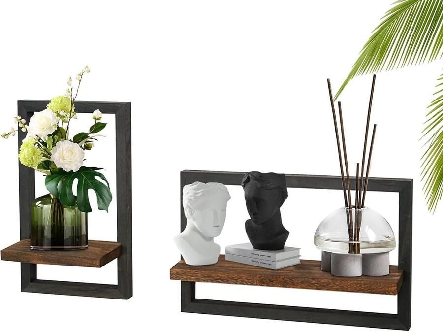 Set van 2 Decoratieve Houten Wandrekken Zwart Natuurlijke Houtstructuur 40 x 25 cm en 35 5 x 21 cm