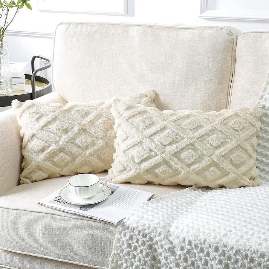 Set van 2 decoratieve korte wollen kussenhoezen zacht pluche fluweel sierkussensloop luxe sierkussensloop set voor bank auto slaapkamer thuis decoratie (crèmebeige 30 x 50 cm)