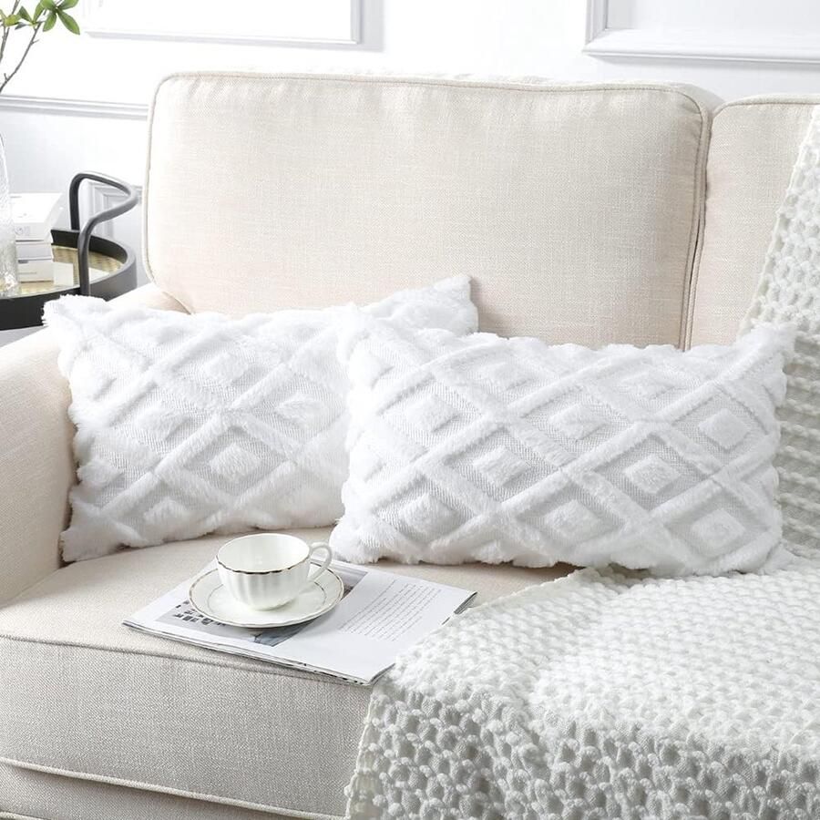 Set van 2 decoratieve korte wollen kussenhoezen zacht pluche fluweel sierkussensloop luxe sierkussensloop set voor bank auto slaapkamer thuis decoratie (zuiver wit 30 x 50 cm)