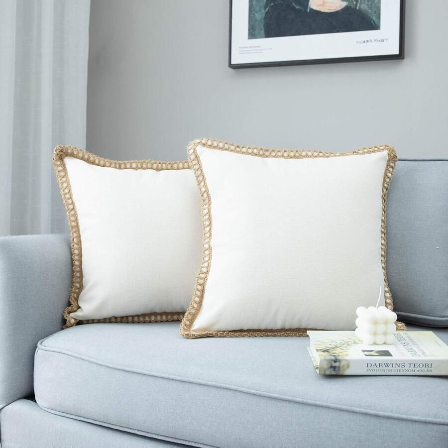 Set van 2 decoratieve kussenhoezen in boerderijstijl met linnen afwerking zachte kussenhoes vierkante kussenhoezen decoratief kussen bankkussen voor woonkamer bank slaapkamer auto beige 45 x 45 cm