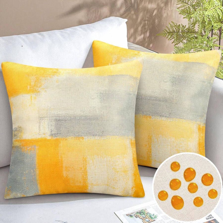 Set van 2 decoratieve kussenhoezen voor buiten 45 x 45 cm moderne kussenslopen linnen waterdicht sierkussen grijs-geel waterdicht kussenhoezen voor woonkamer tuin terras bank kussen