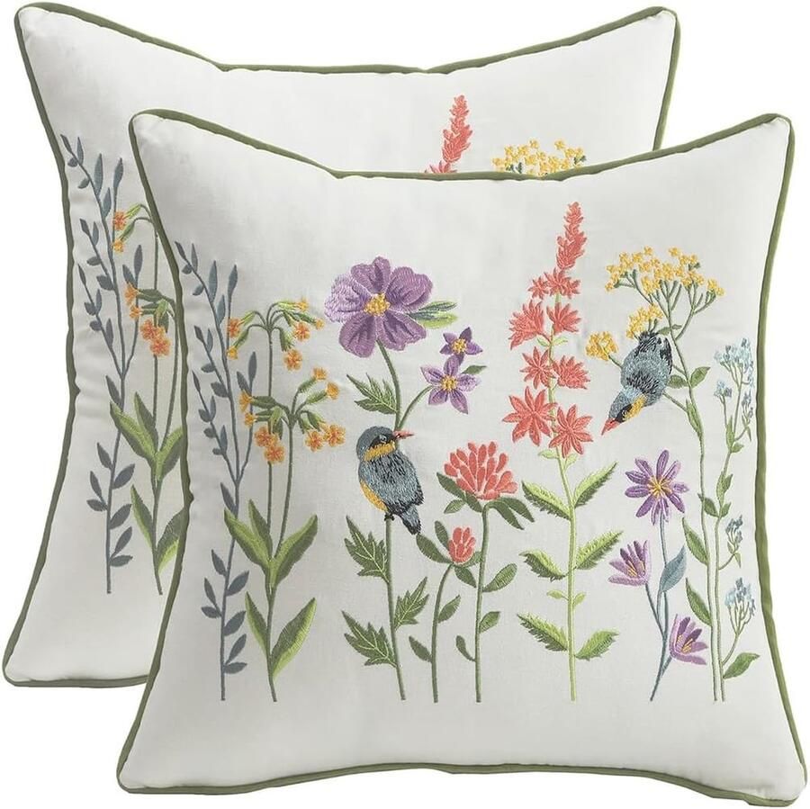 Set van 2 decoratieve kussenslopen 40 x 40 cm kleurrijke bloemen vogelkussen katoen linnen kussenslopen voor slaapkamer woonkamer kantoor tuin bank