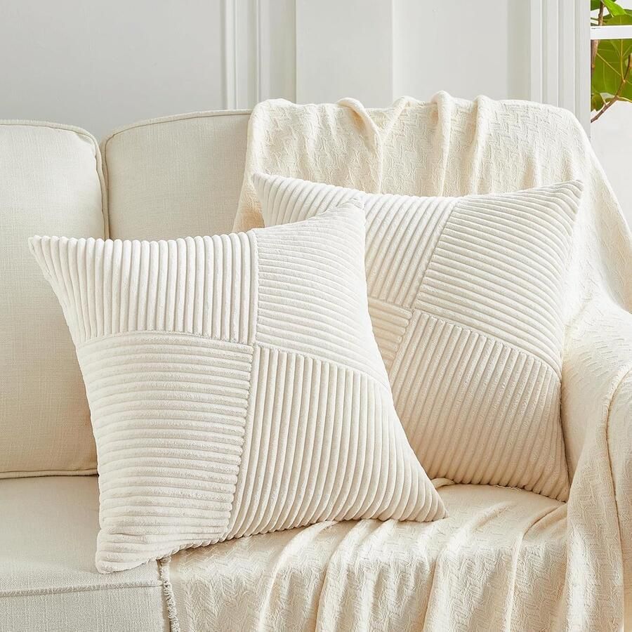 Set van 2 decoratieve kussenslopen beige boho 40 x 40 cm met diagonaal gestreept patroon zacht corduroy fluweel sierkussenhoezen bankkussens sierkussen decoratie voor bank slaapkamer