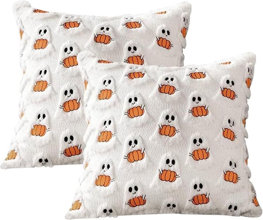 Set van 2 decoratieve kussenslopen voor Halloween schattige herfstkussenhoes met spook zachte pluchen pompoenkussenhoezen herfstdecoratie voor bank bed woonkamer feestelijke woondecoratie 45 x 45 cm