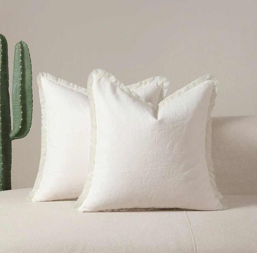 Set van 2 decoratieve linnen franje sierkussenhoezen Gezellige Boho boerderij kussenhoes met kwastjes Zachte accent kussensloop voor bank slaapbank Woonkamer Woondecoratie (45*45cm) Donkergroen - Foto 5