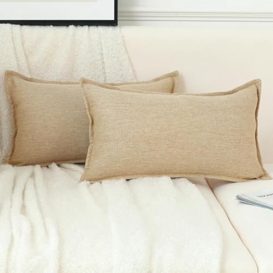 Set van 2 Decoratieve Linnen Kussenslopen 12x20 Inch Licht Tan voor Woonkamer Bank en Sofa