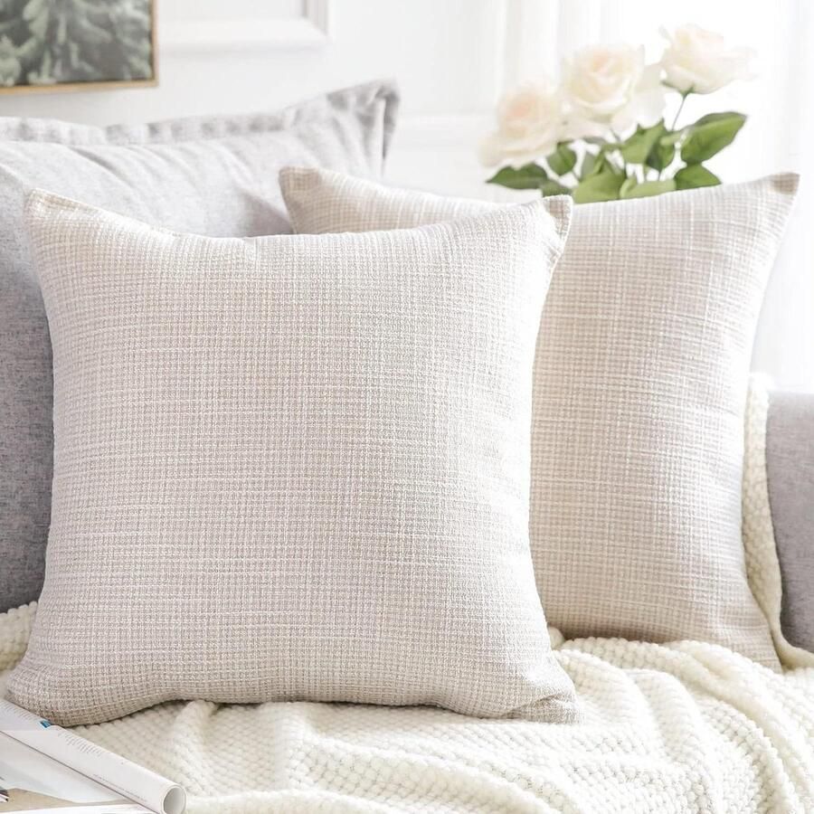 Set van 2 decoratieve linnen kussenslopen vierkant 60 x 60 cm beige voor woondecoratie bank slaapkamer auto kussenhoes 60x60