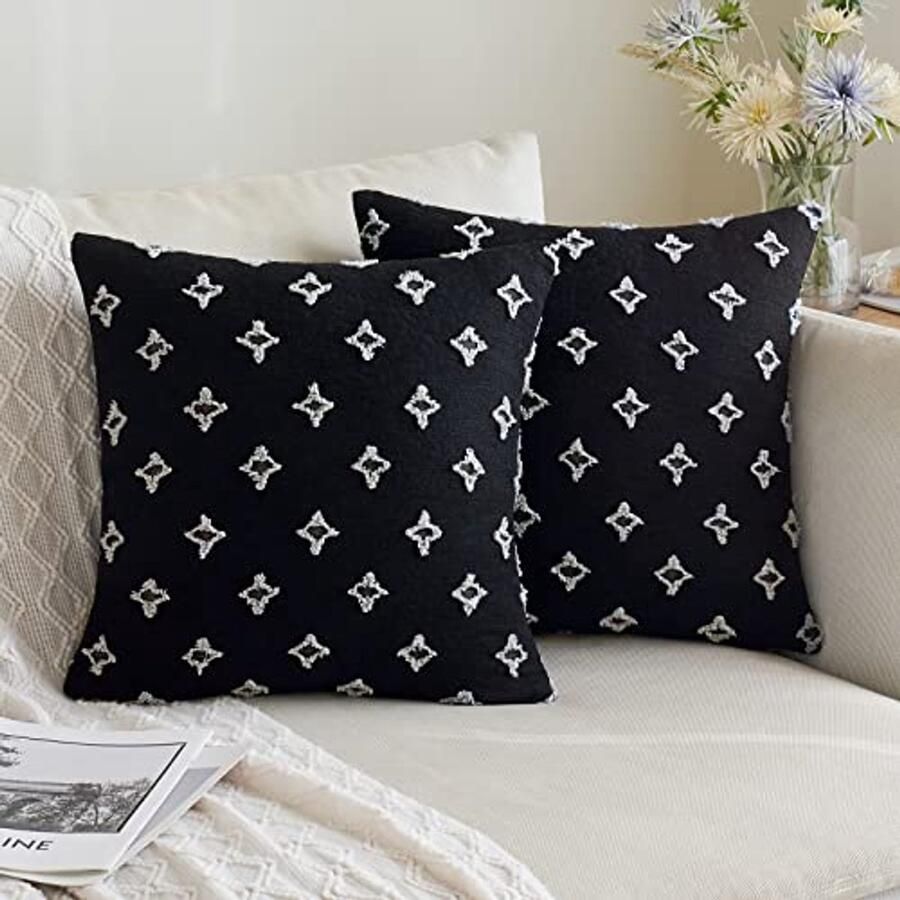 Set van 2 decoratieve sierkussenhoezen 45 x 45 cm Zwart jacquard kussenslopen voor bank en stoel