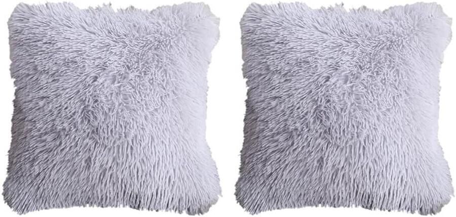 Allecto Plus Set van 2 grijze kunstbont pluche kussenslopen voor bank en slaapkamer Decoratieve fluffy sierkussenhoezen voor woonkamer en auto Thuisinrichting met stijlvolle kussenhoezen - Foto 2