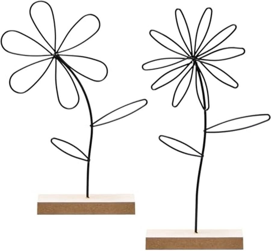 Set van 2 Decoratieve Staande Metalen Bloemen met Houten Basis voor Tafel