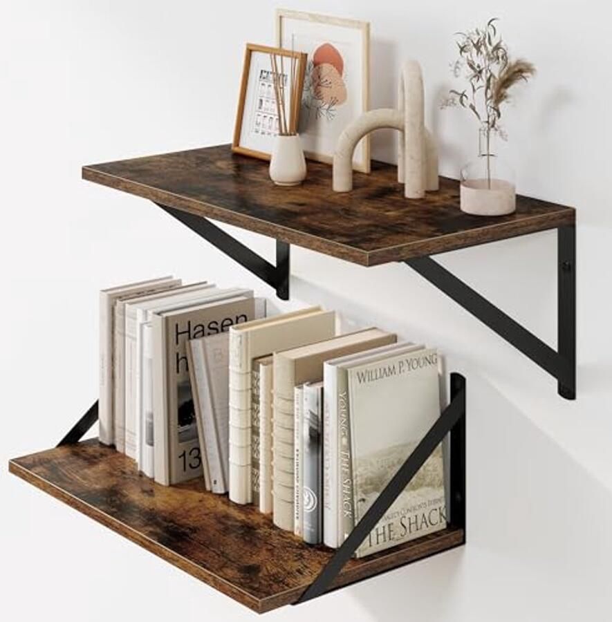 Set van 2 diepe zwevende houten wandplanken voor woonkamer keuken kantoor en slaapkamer met metalen standaard Rustiek bruin