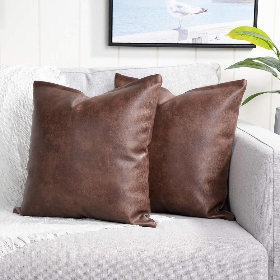 Set van 2 donkerbruine kunstlederen decoratieve kussenhoezen moderne effen outdoor kussenslopen luxe kussenslopen voor bank slaapbank 16 x 16 inch
