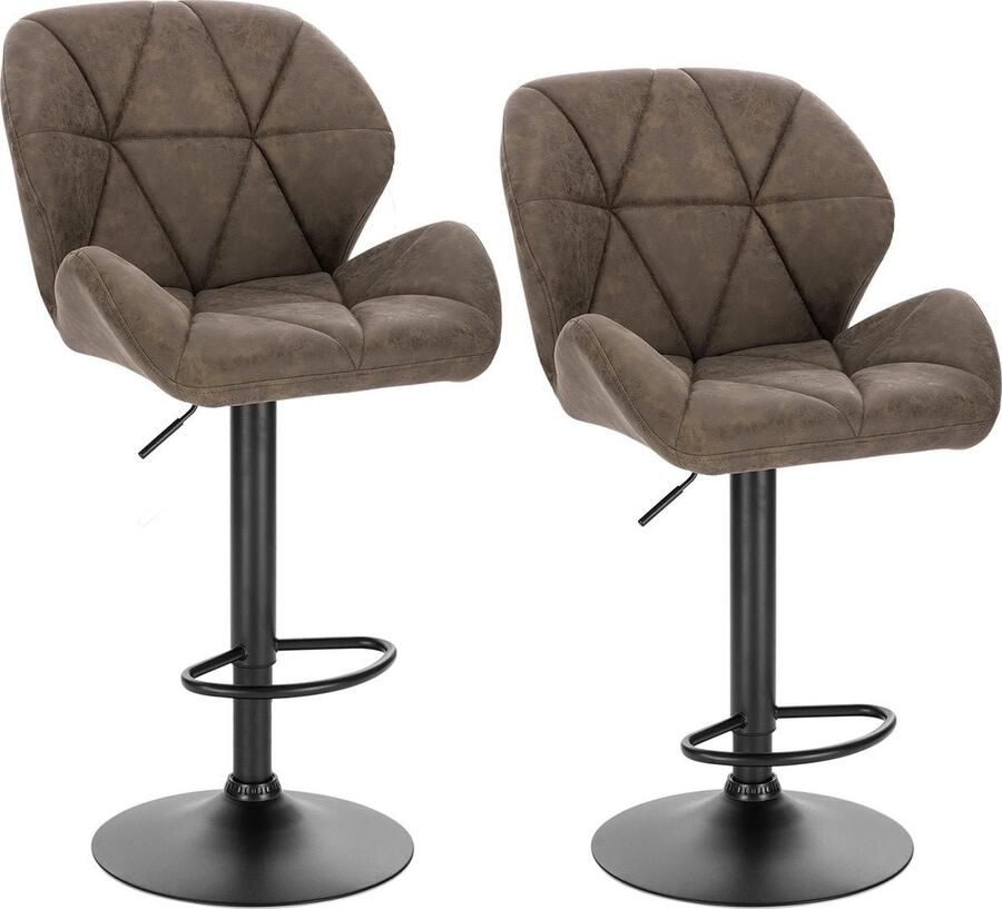 Set van 2 donkerbruine leren barkrukken – Verstelbare barkrukken met rugleuning – Gaslift keukenkrukken – Zwarte metalen voet – Zithoogte 60–82 cm