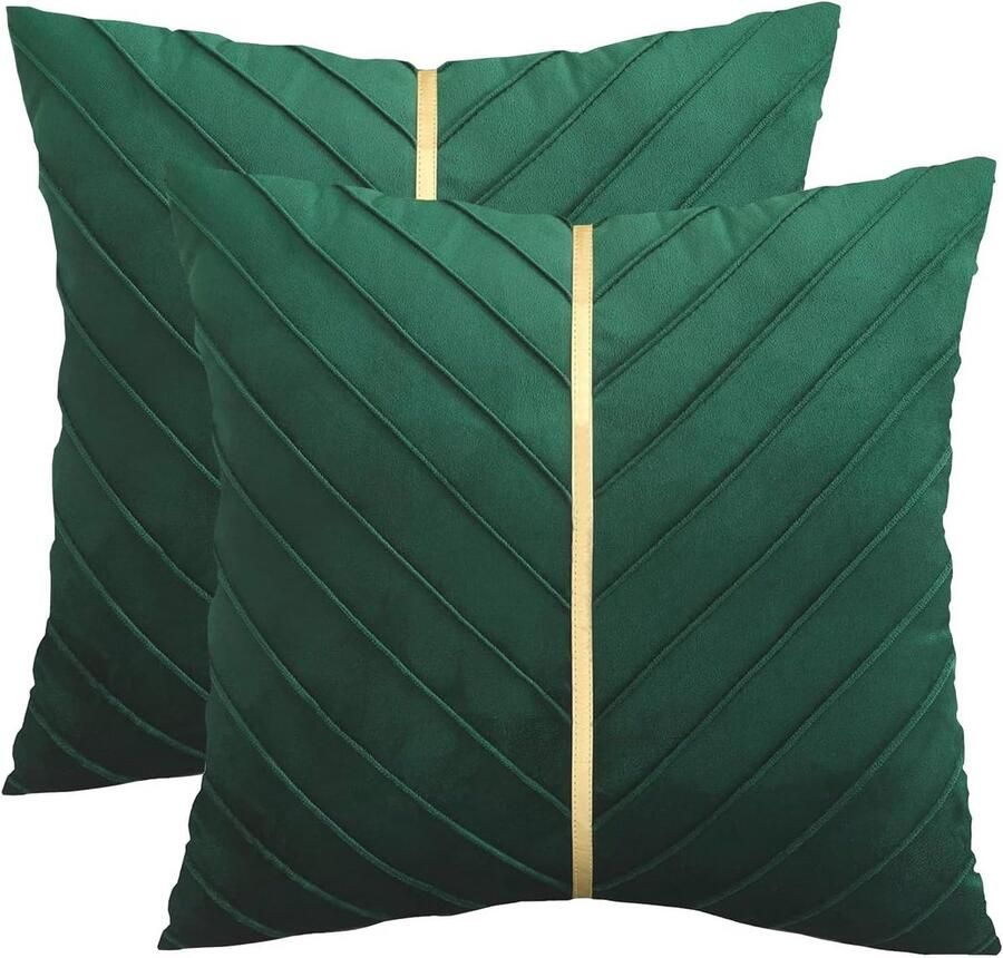 Set van 2 donkergroene fluwelen kussenslopen met goudkleurig leer 45 7 x 45 7 cm Luxe sierkussenhoezen voor bank en slaapkamer