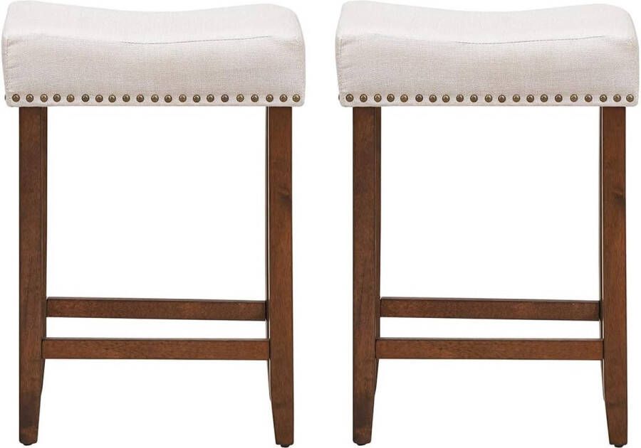 Set van 2 draaikrukken barkruk zonder rugleuning gevoerde ronde kruk met 360 graden draaibare zitting en houten poten bistrokruk barstoel voor eetkamer keuken restaurant café (beige)