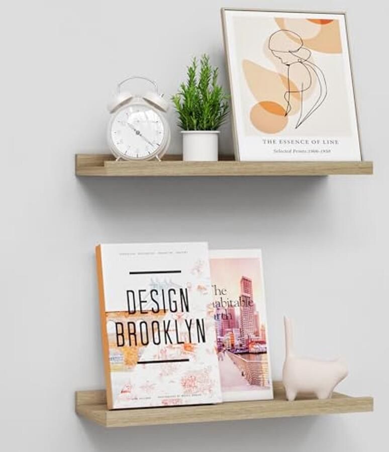 Set van 2 Drijvende Planken Houten Wandplanken met Lip 40 cm Wandmontage voor Badkamer Slaapkamer Woonkamer en Keuken