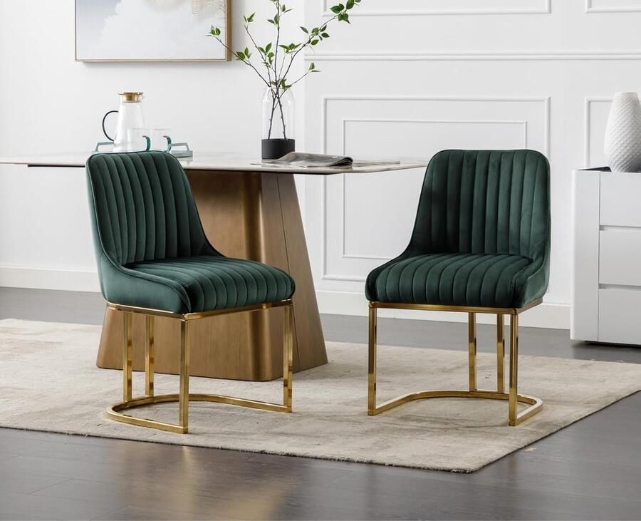 Set van 2 Eetkamerstoelen – Fluwelen Gestoffeerde Stoelen zonder Armleuningen –groen Stoelen met Metalen Poten – Voor Woonkamer Slaapkamer of Kantoor