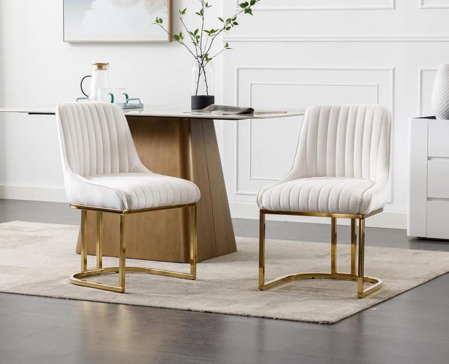 Set van 2 Eetkamerstoelen – Fluwelen Gestoffeerde Stoelen zonder Armleuningen – Witte Stoelen met Metalen Poten – Voor Woonkamer Slaapkamer of Kantoor