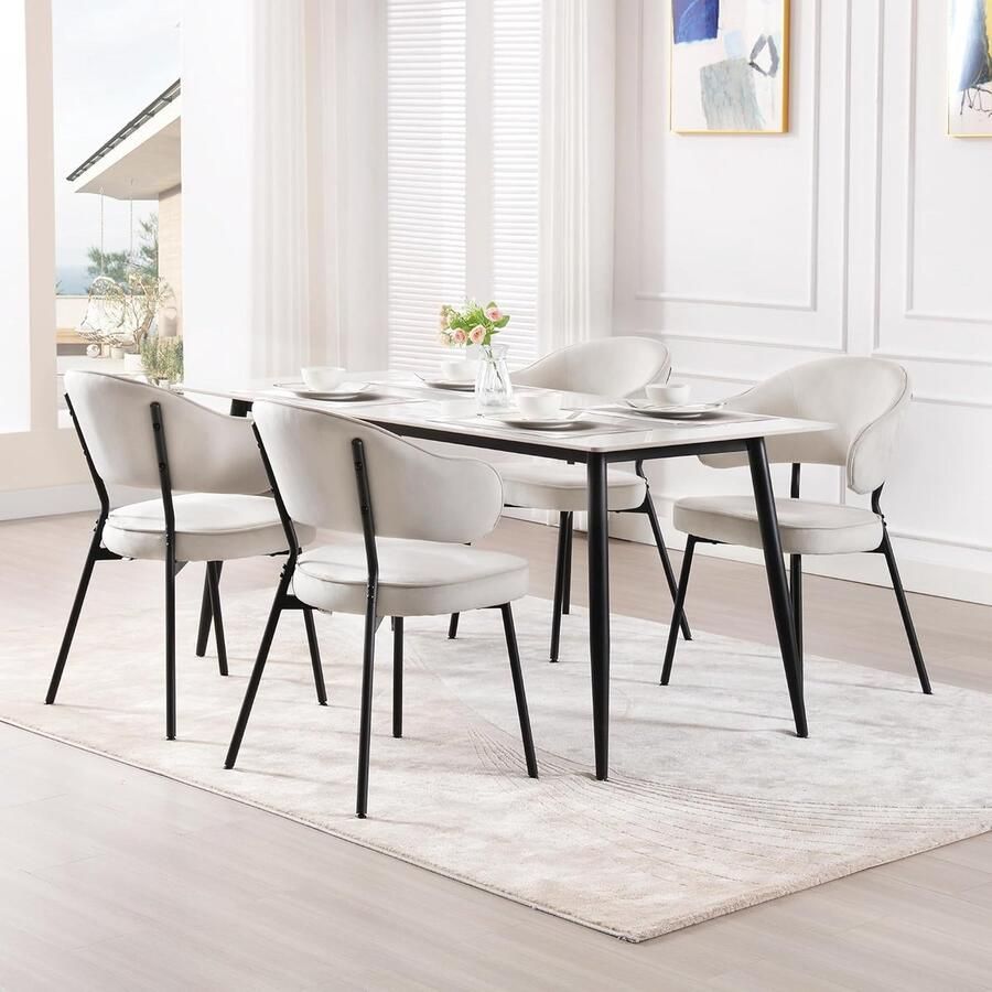 Set van 2 eetkamerstoelen keukenstoel gestoffeerde stoel loungestoel woonkamerstoel designstoel met rugleuning armleuningen metalen poten gevoerd fluweel crème