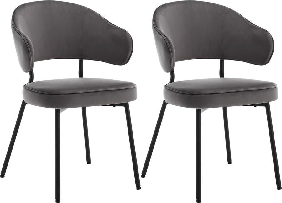 Set van 2 eetkamerstoelen keukenstoel gestoffeerde stoel loungestoel woonkamerstoel designstoel met rugleuning armleuningen metalen poten gestoffeerd fluweel donkergrijs BH389dgr-2