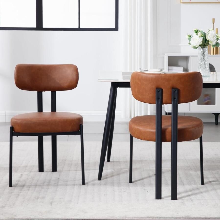 Set van 2 Eetkamerstoelen – PU Leer – Met Armleuningen – Bruine Stoelen voor Keuken of Woonkamer