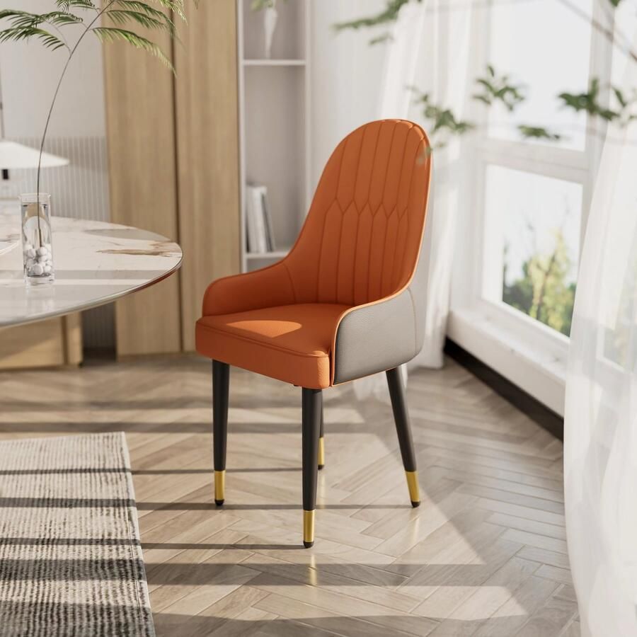 Corenia Eetkamerstoelen Set van 2 Faux Lederen Hoge Rugleuning Houten Poten 52x49x90cm Moderne Mid-century Ontwerp Oranje