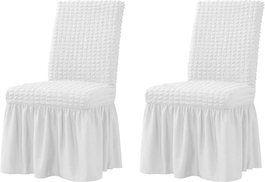 Set van 2 eetkamerstoelhoezen 1-delige stretch eetkamerstoelhoezen antislip wasbare meubelbeschermer met rok landelijke stijl voor hotelceremonie en feest (2 stuks wit)