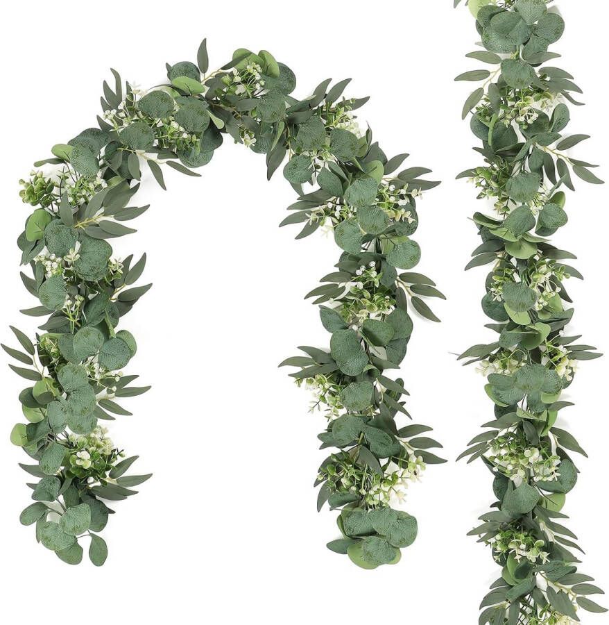 Set van 2 eucalyptus slinger kunstplanten wilgenbladeren met witte bloemen zilveren dollar groene wijnstokken kunstplant klimop hangplant voor bruiloft tafel feest doe-het-zelf decor