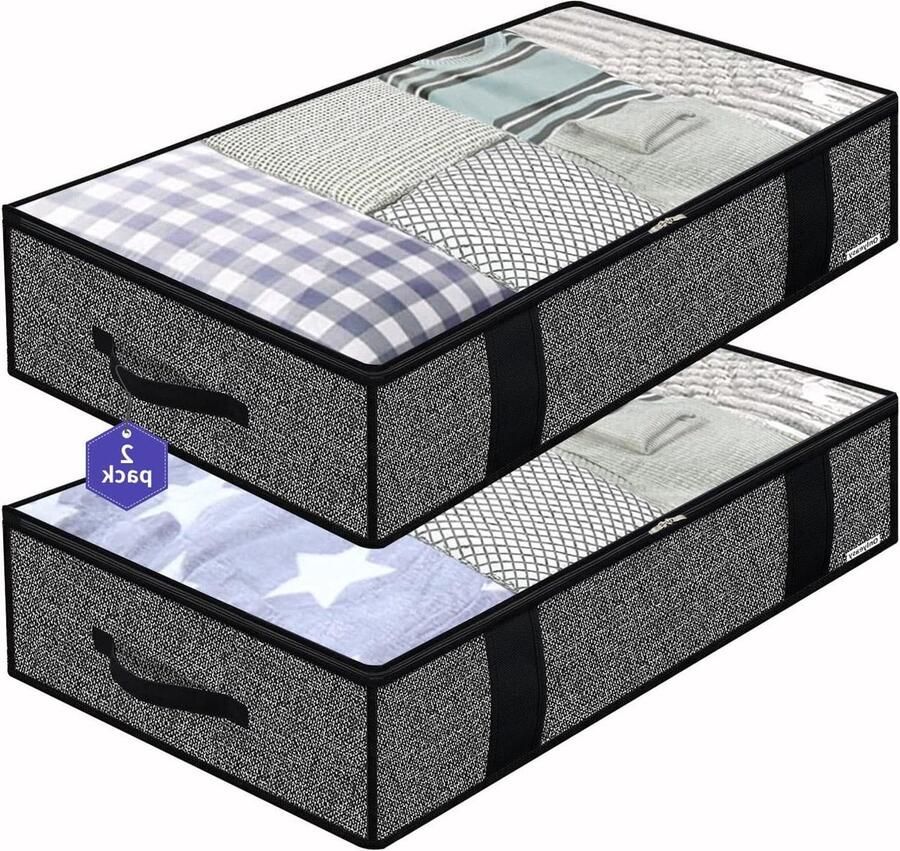 Dekenkist Zware Extra Grote Zwarte Linnenachtige Kledingdekenzakken Opvouwbare Stoffen Onderbed Opbergtas 100 x 50 x 15 cm Set van 2 Stuks Heldere Raam 4 Versterkte Handgrepen Dekenkist